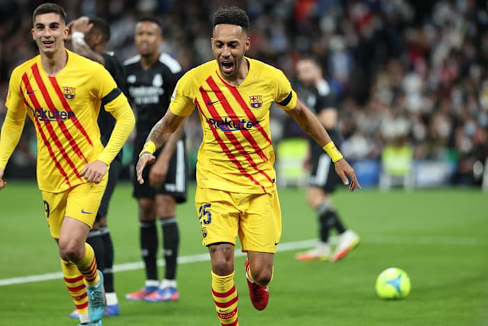 Pierre-Emerick Aubameyang celebrates after scoring for Barcelona in their 4-0 win at Real Madrid in March 2022